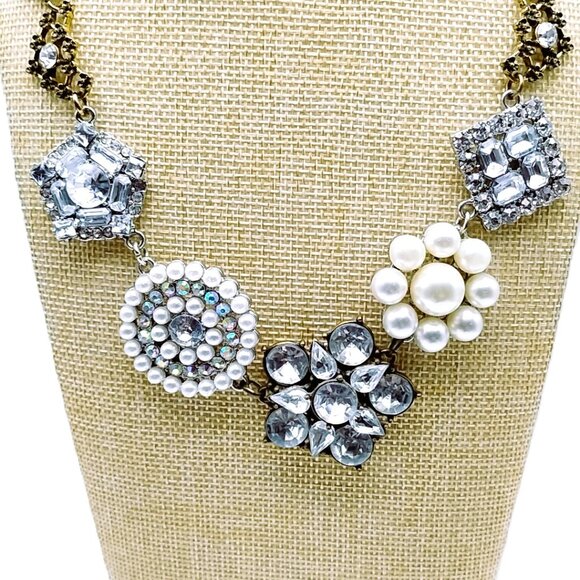 Plunder Statement Necklace Mixed Metal Gold Silver Crystal Pearl Chunky Chain - Picture 6 of 16